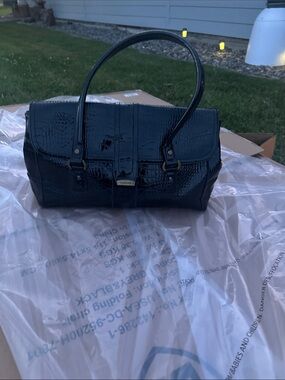 Liz Claiborne Black Patent Croc-Embossed Barrel Satchel